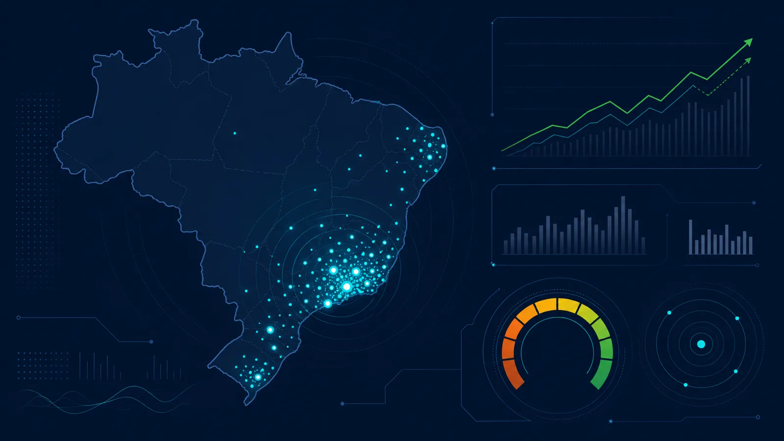 Mapa do Brasil com a concentração do parque de veículos eletrificados, com maior densidade no Sudeste e no Sul, ao lado de indicadores de crescimento e saúde de bateria.
